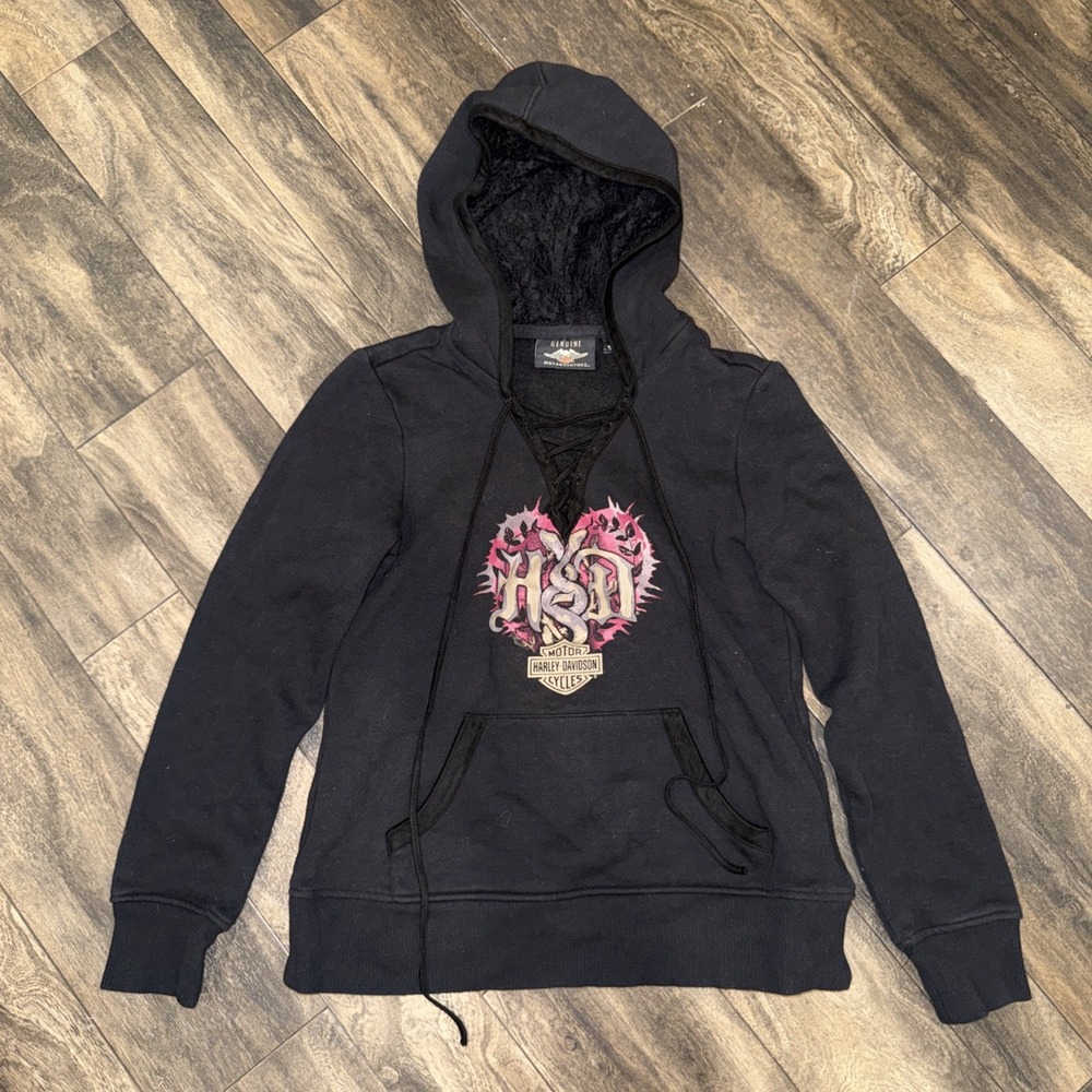Y2K Harley Davidson Lace-Up Pullover Hoodie Women's Small Graphic Print Black